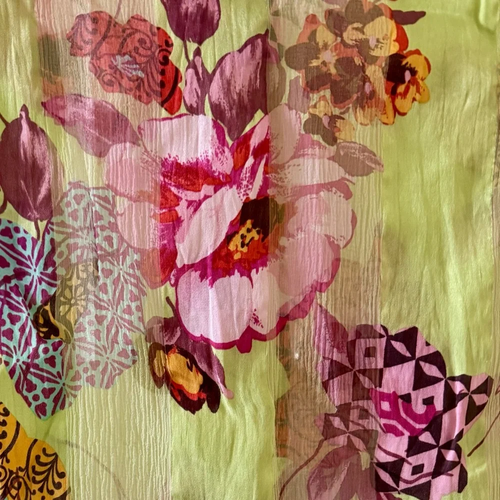 90s Vintage Marcrozier Paris Floral Print Silk Oblong Scarf Wrap, Green & Pink